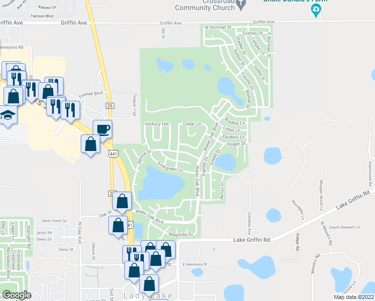 map of restaurants, bars, coffee shops, grocery stores, and more near 667 Cedar Lane in Lady Lake