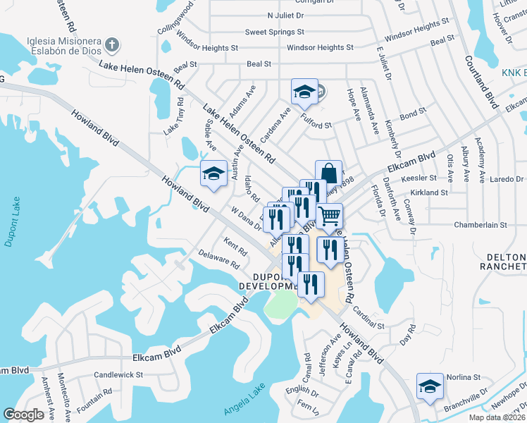 map of restaurants, bars, coffee shops, grocery stores, and more near 2317 Idaho Road in Deltona