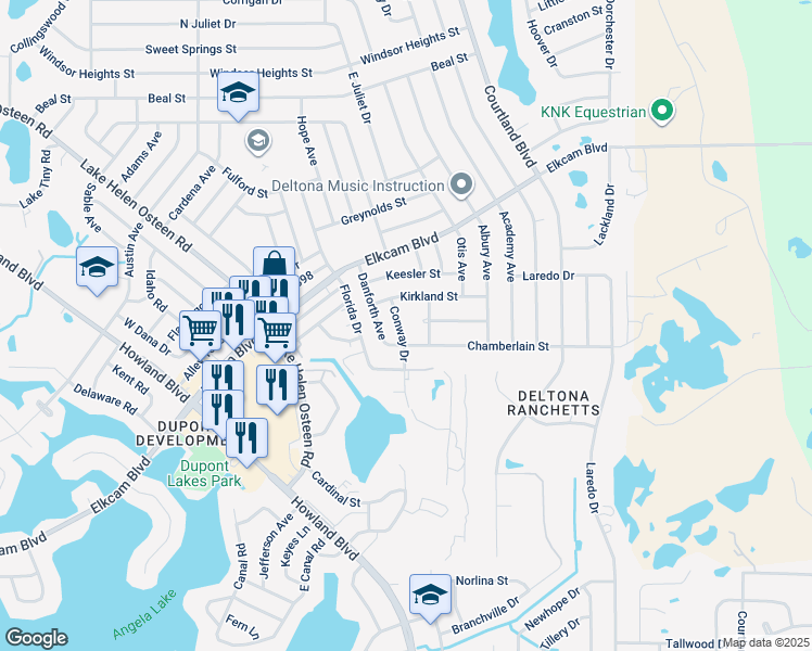 map of restaurants, bars, coffee shops, grocery stores, and more near 2261 Conway Drive in Deltona