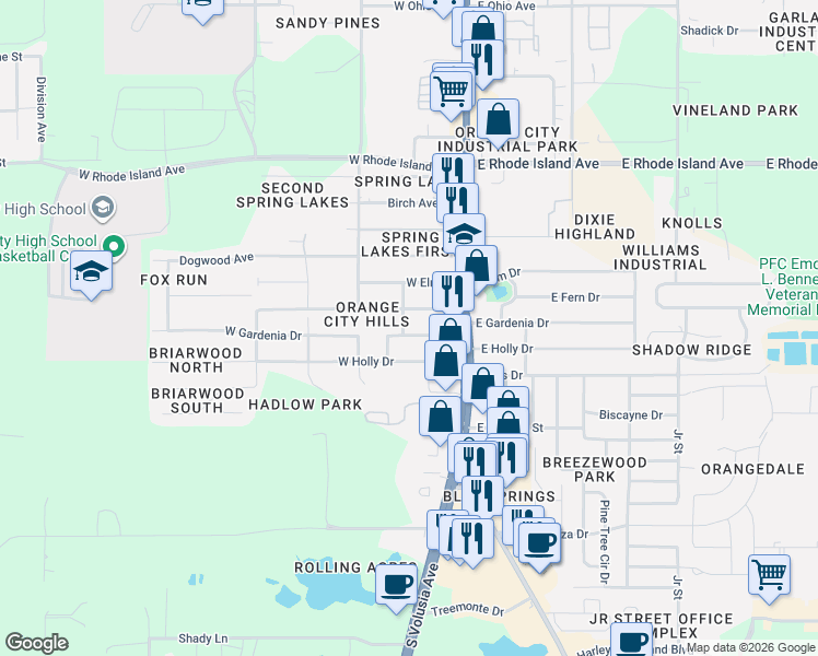 map of restaurants, bars, coffee shops, grocery stores, and more near 135 West Gardenia Drive in Orange City