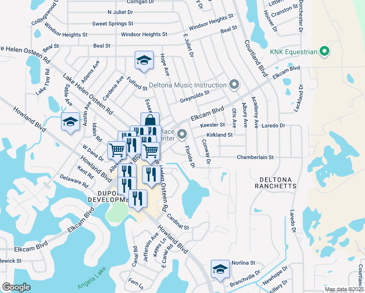 map of restaurants, bars, coffee shops, grocery stores, and more near 2295 Florida Drive in Deltona