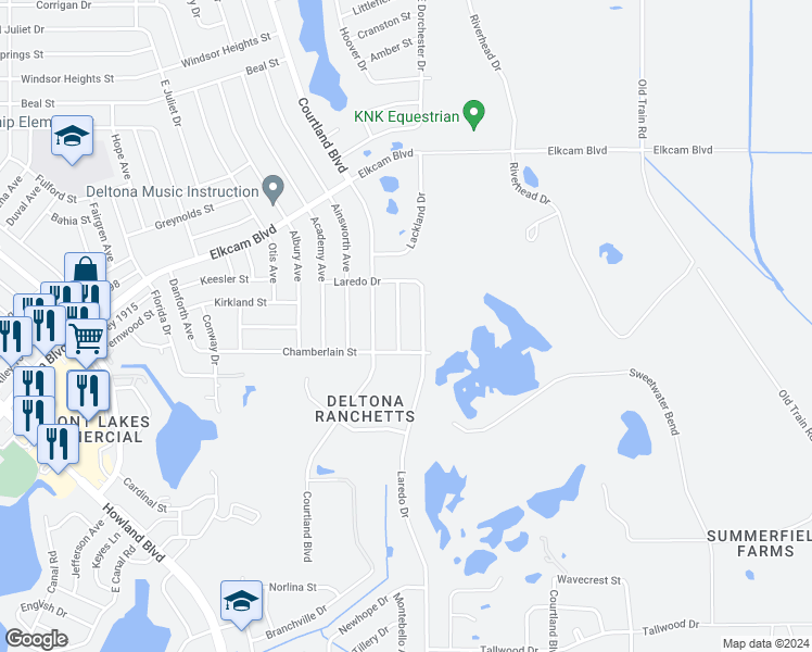 map of restaurants, bars, coffee shops, grocery stores, and more near 2375 Moonstone Avenue in Deltona