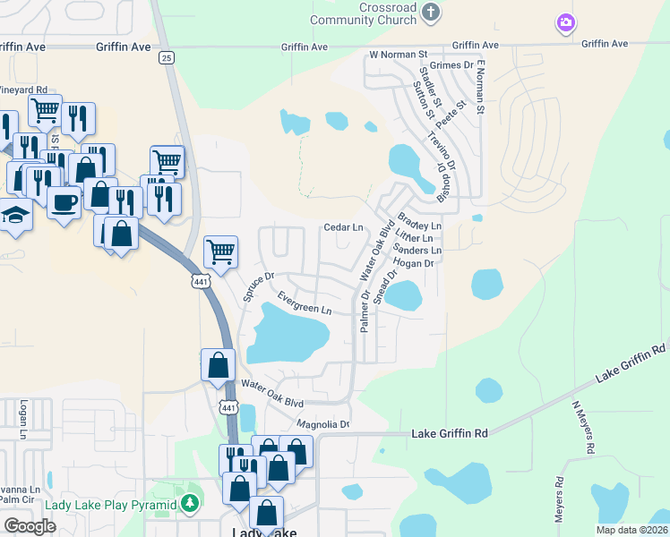 map of restaurants, bars, coffee shops, grocery stores, and more near 667 Cedar Lane in Lady Lake