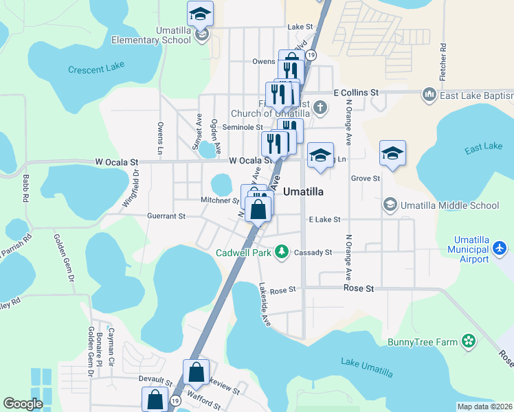 map of restaurants, bars, coffee shops, grocery stores, and more near 210 Kentucky Avenue in Umatilla