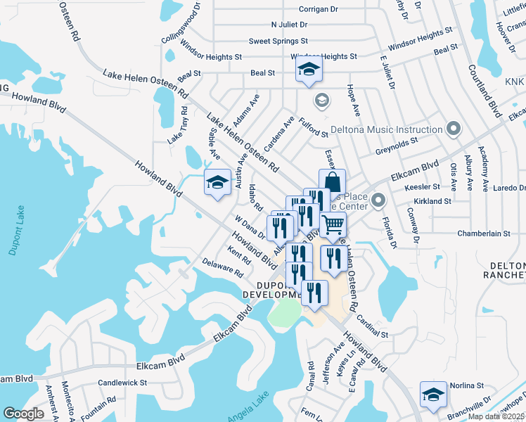 map of restaurants, bars, coffee shops, grocery stores, and more near 2304 Idaho Road in Deltona