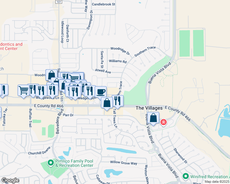 map of restaurants, bars, coffee shops, grocery stores, and more near 3201 Wedgewood Lane in The Villages