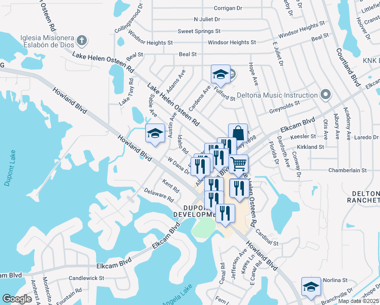 map of restaurants, bars, coffee shops, grocery stores, and more near 2317 Idaho Road in Deltona