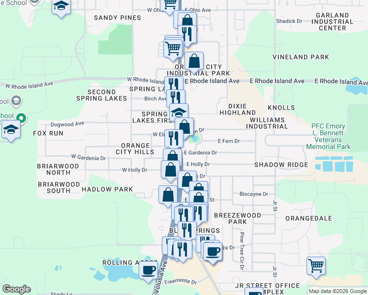 map of restaurants, bars, coffee shops, grocery stores, and more near 1820 Florida 15 in Orange City