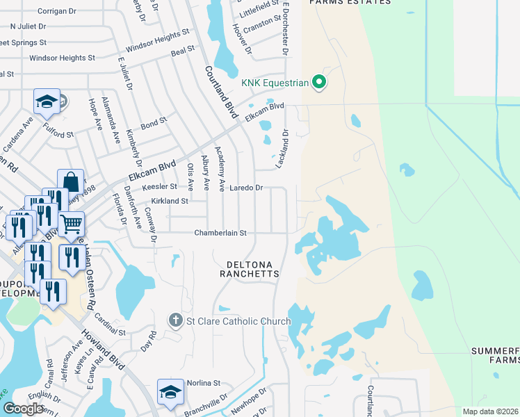 map of restaurants, bars, coffee shops, grocery stores, and more near 2390 Moonstone Avenue in Deltona
