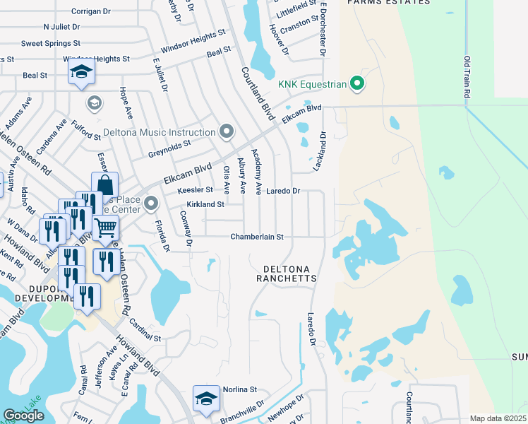 map of restaurants, bars, coffee shops, grocery stores, and more near 2347 Academy Avenue in Deltona