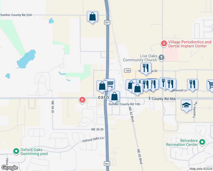 map of restaurants, bars, coffee shops, grocery stores, and more near Florida 35 in Oxford