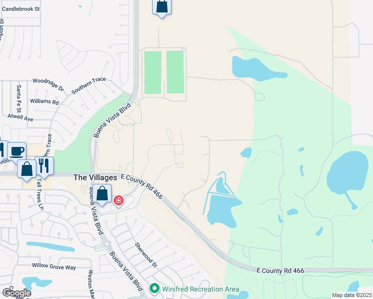 map of restaurants, bars, coffee shops, grocery stores, and more near 2756 Livery Lane in The Villages