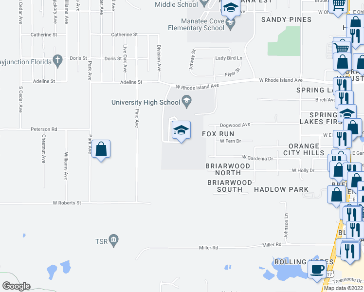 map of restaurants, bars, coffee shops, grocery stores, and more near 1000 West Rhode Island Avenue in Orange City