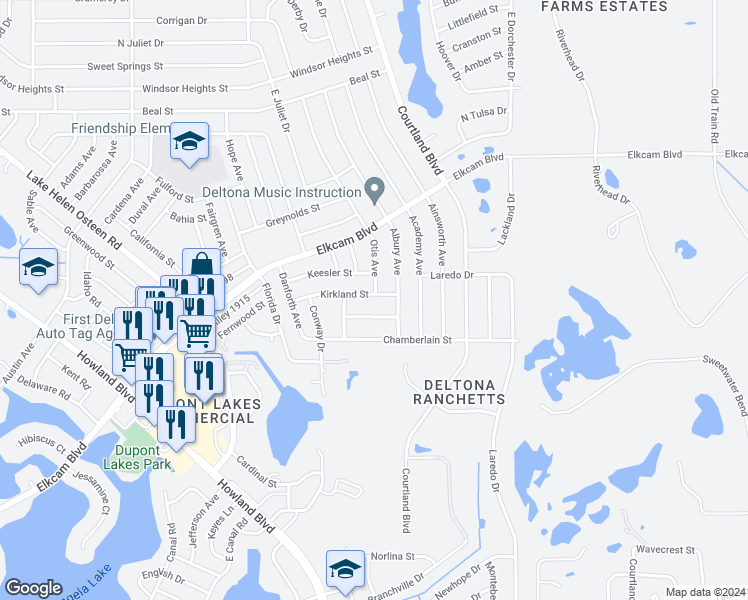 map of restaurants, bars, coffee shops, grocery stores, and more near 3039 Kirkland Street in Deltona