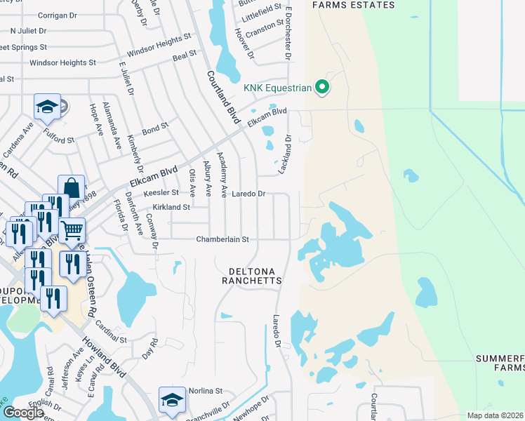 map of restaurants, bars, coffee shops, grocery stores, and more near 2390 Moonstone Avenue in Deltona