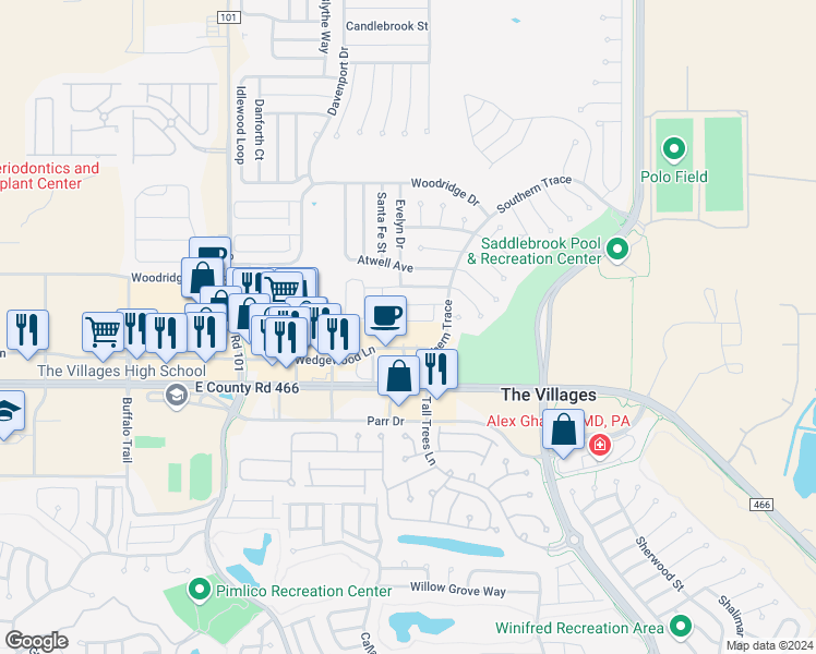 map of restaurants, bars, coffee shops, grocery stores, and more near 3293 Riverton Road in The Villages