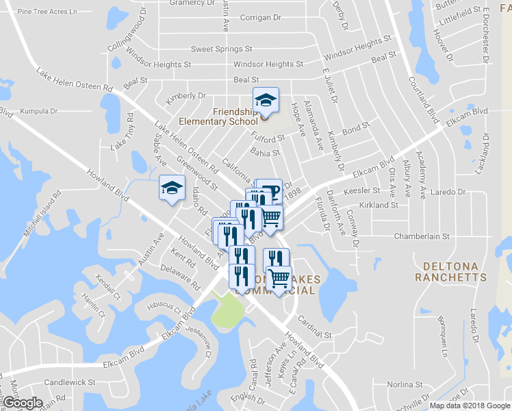 map of restaurants, bars, coffee shops, grocery stores, and more near 2300 East Dana Drive in Deltona