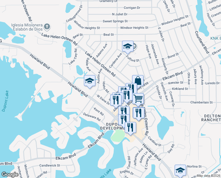map of restaurants, bars, coffee shops, grocery stores, and more near 2317 Idaho Road in Deltona