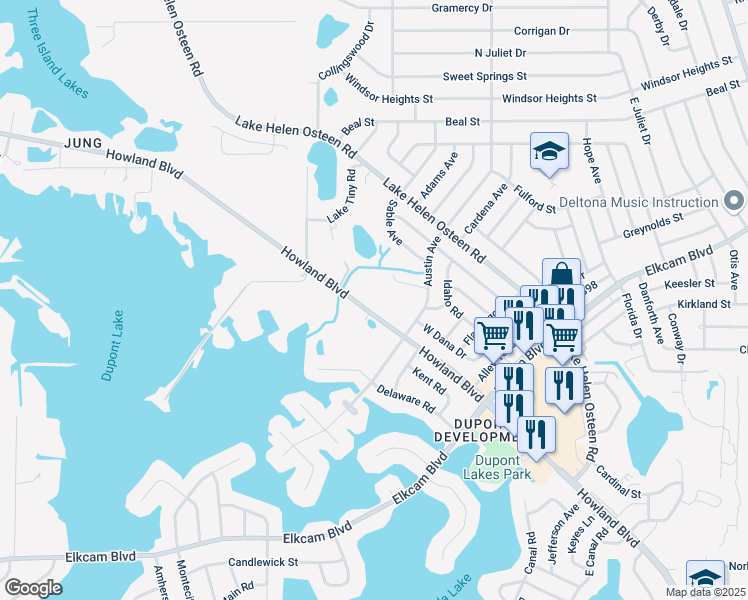 map of restaurants, bars, coffee shops, grocery stores, and more near 2310 Howland Boulevard in Deltona