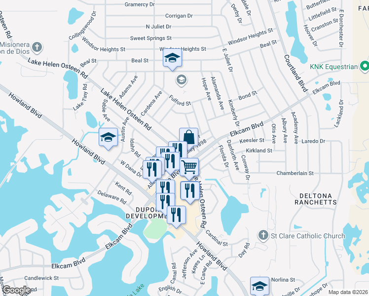 map of restaurants, bars, coffee shops, grocery stores, and more near 2317 East Dana Drive in Deltona