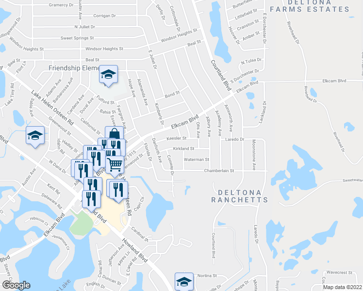 map of restaurants, bars, coffee shops, grocery stores, and more near 2962 Kirkland Street in Deltona