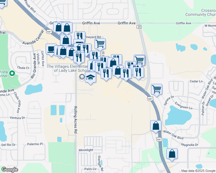 map of restaurants, bars, coffee shops, grocery stores, and more near 492 U.S. 441 in Lady Lake