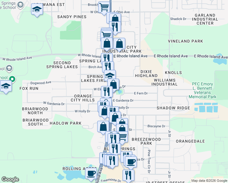 map of restaurants, bars, coffee shops, grocery stores, and more near 1820 Florida 15 in Orange City