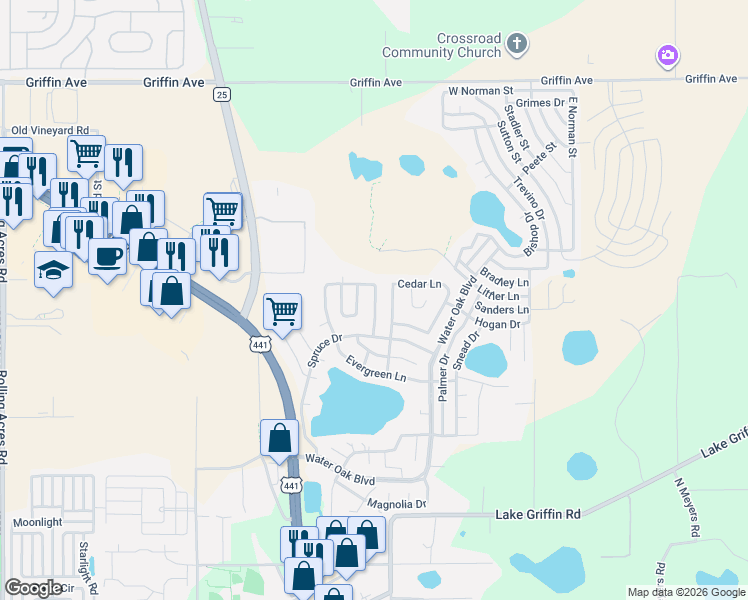 map of restaurants, bars, coffee shops, grocery stores, and more near 608 Hickory Hill in Lady Lake