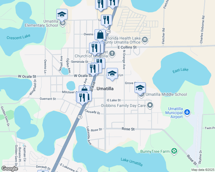 map of restaurants, bars, coffee shops, grocery stores, and more near 377 North Trowell Avenue in Umatilla