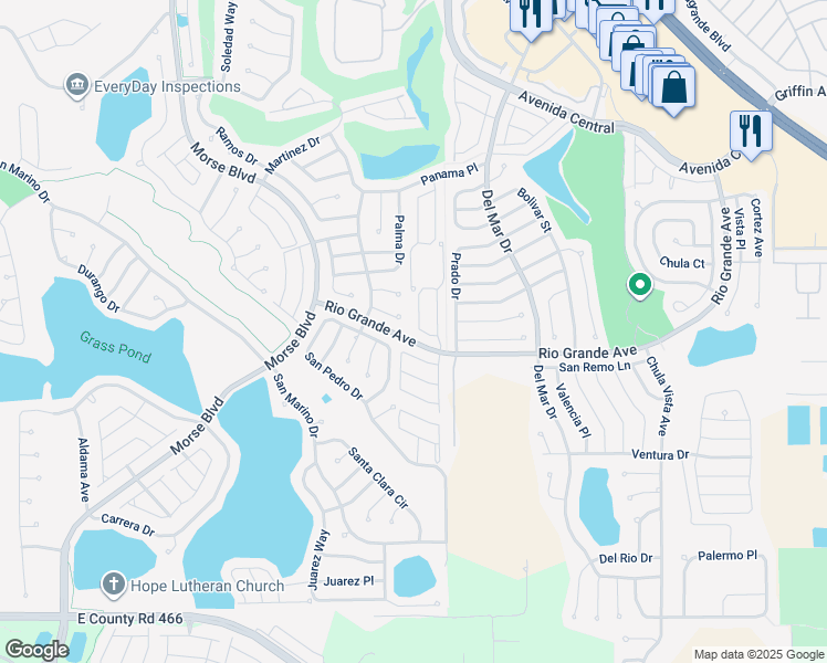 map of restaurants, bars, coffee shops, grocery stores, and more near 1303 Lopez Lane in The Villages