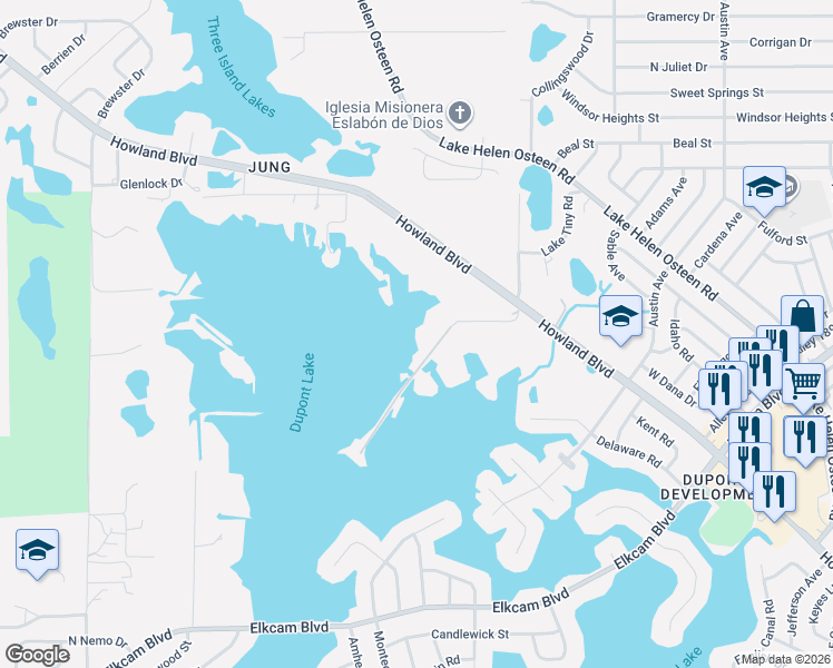 map of restaurants, bars, coffee shops, grocery stores, and more near 2332 Mitchell Island Road in Deltona