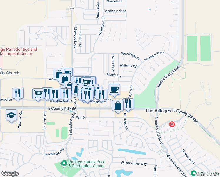 map of restaurants, bars, coffee shops, grocery stores, and more near 321 Oberlin Court in The Villages