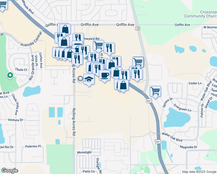 map of restaurants, bars, coffee shops, grocery stores, and more near 492 U.S. 27 in Lady Lake