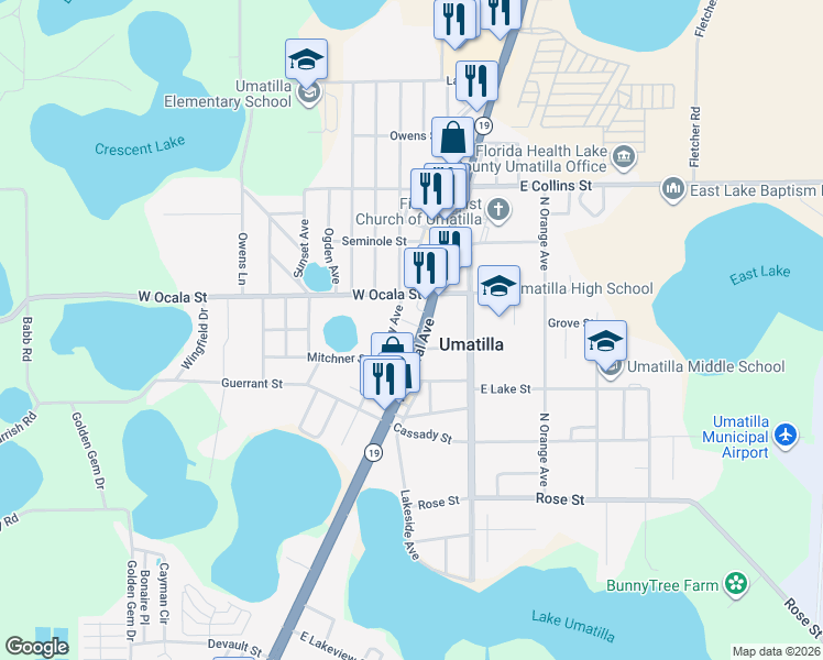 map of restaurants, bars, coffee shops, grocery stores, and more near 315 North Central Avenue in Umatilla