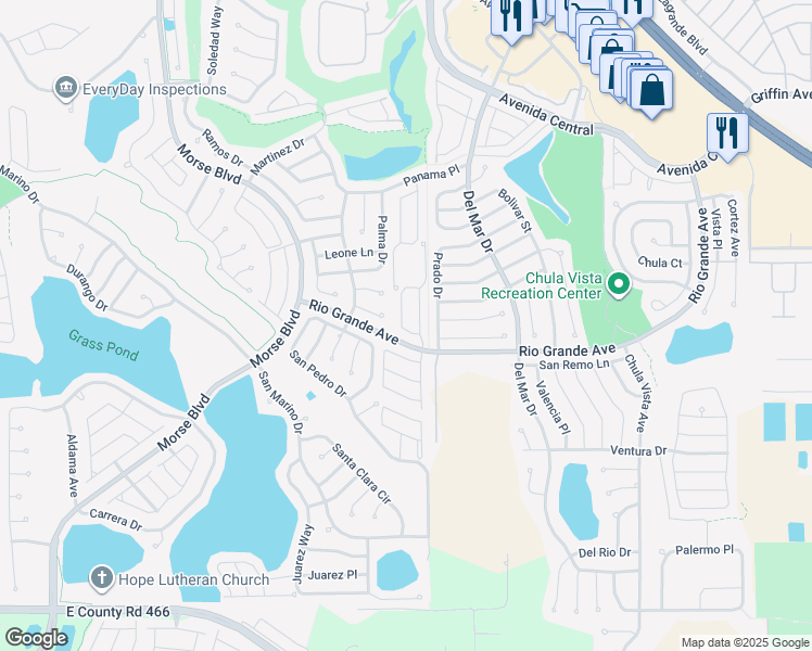 map of restaurants, bars, coffee shops, grocery stores, and more near 1303 Lopez Lane in The Villages