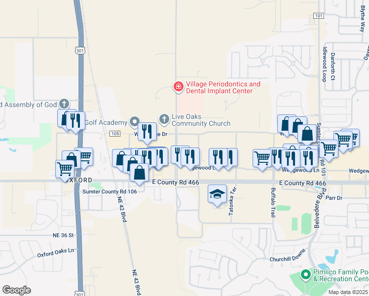 map of restaurants, bars, coffee shops, grocery stores, and more near 11915 County Road 103 in The Villages