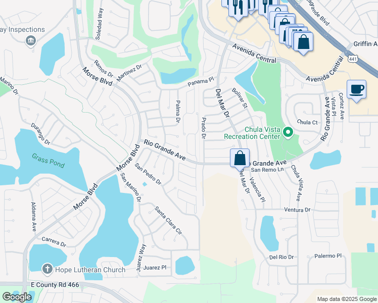 map of restaurants, bars, coffee shops, grocery stores, and more near 615 Delgado Avenue in The Villages