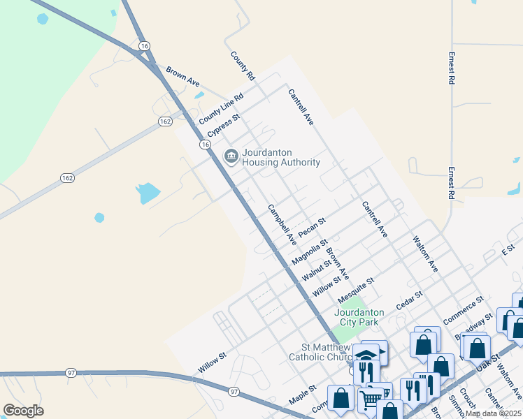 map of restaurants, bars, coffee shops, grocery stores, and more near 2701 Zanderson Avenue in Jourdanton