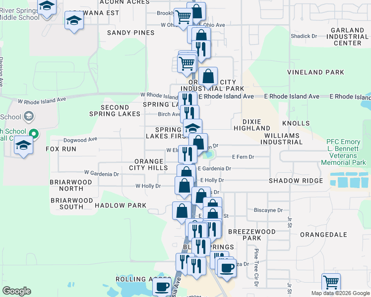 map of restaurants, bars, coffee shops, grocery stores, and more near 105 West Elm Drive in Orange City