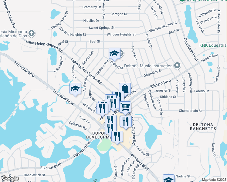map of restaurants, bars, coffee shops, grocery stores, and more near 2301 Lake Helen Osteen Road in Deltona