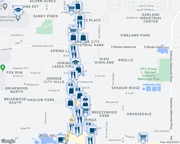 map of restaurants, bars, coffee shops, grocery stores, and more near 132 East Elm Drive in Orange City