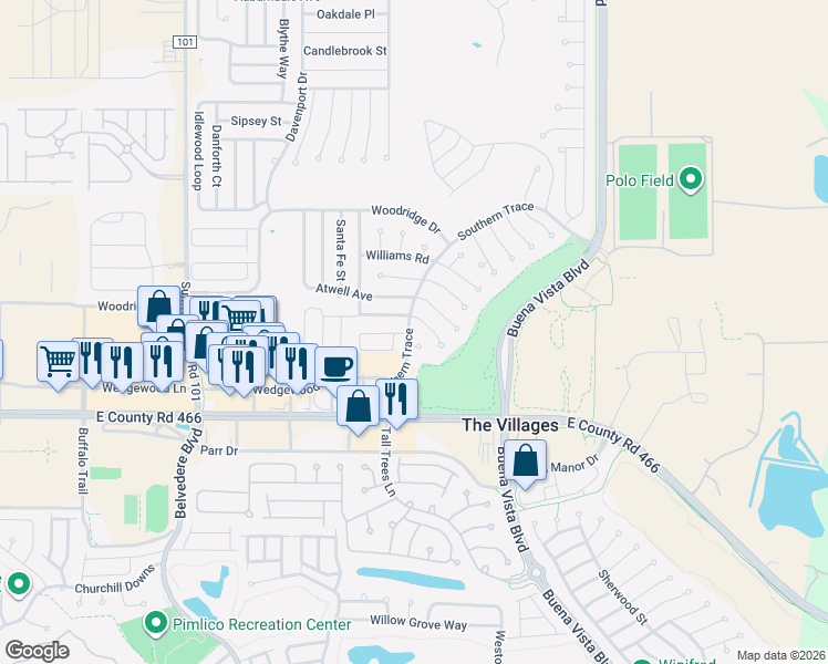 map of restaurants, bars, coffee shops, grocery stores, and more near 3200 Mansfield Street in The Villages