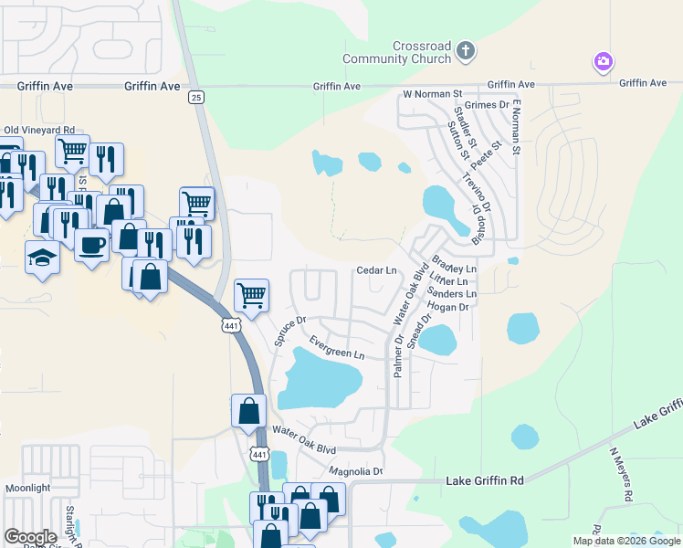 map of restaurants, bars, coffee shops, grocery stores, and more near 626 Cedar Lane in Lady Lake