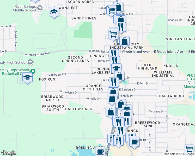 map of restaurants, bars, coffee shops, grocery stores, and more near 162 Dogwood Avenue in Orange City