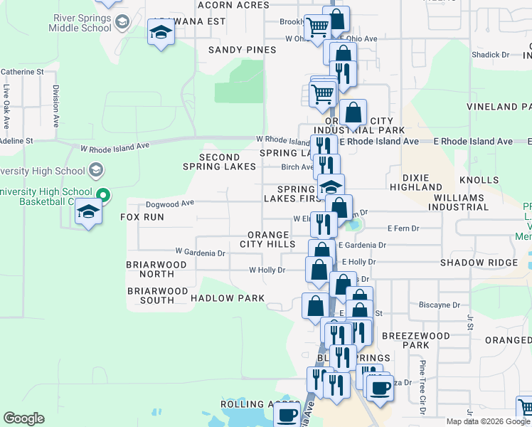 map of restaurants, bars, coffee shops, grocery stores, and more near 198 Dogwood Avenue in Orange City