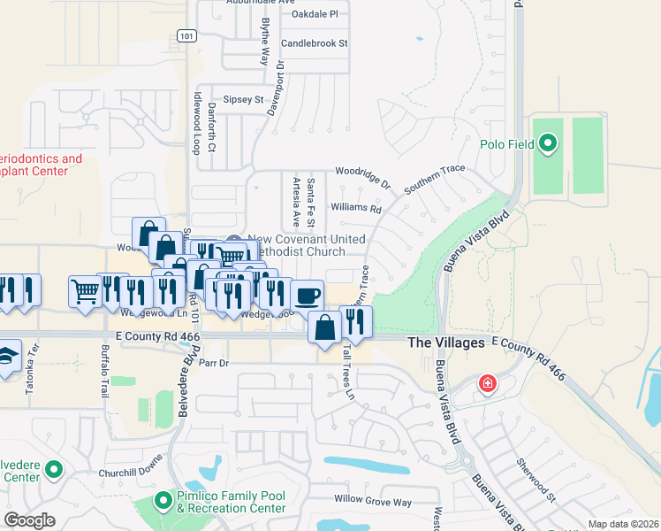 map of restaurants, bars, coffee shops, grocery stores, and more near 3248 Mansfield Street in The Villages