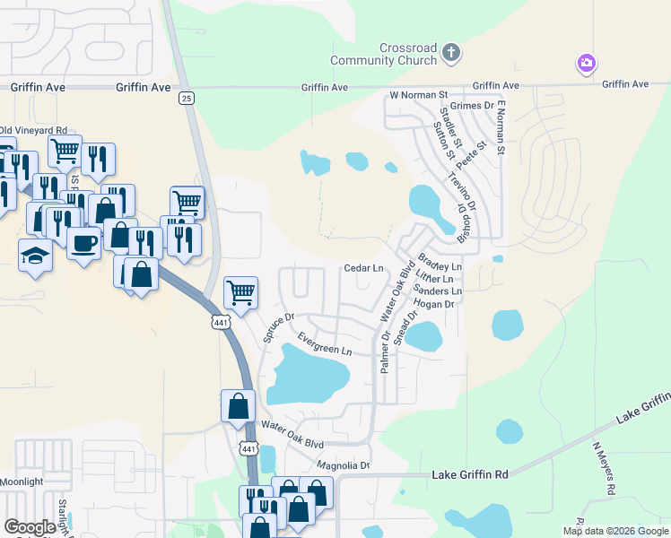 map of restaurants, bars, coffee shops, grocery stores, and more near 626 Cedar Lane in Lady Lake