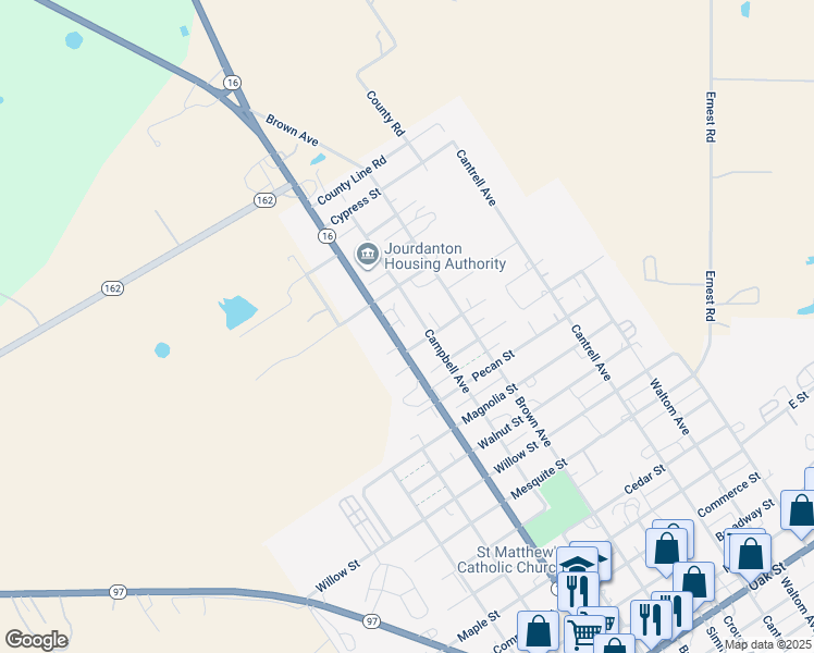 map of restaurants, bars, coffee shops, grocery stores, and more near 2701 Zanderson Avenue in Jourdanton