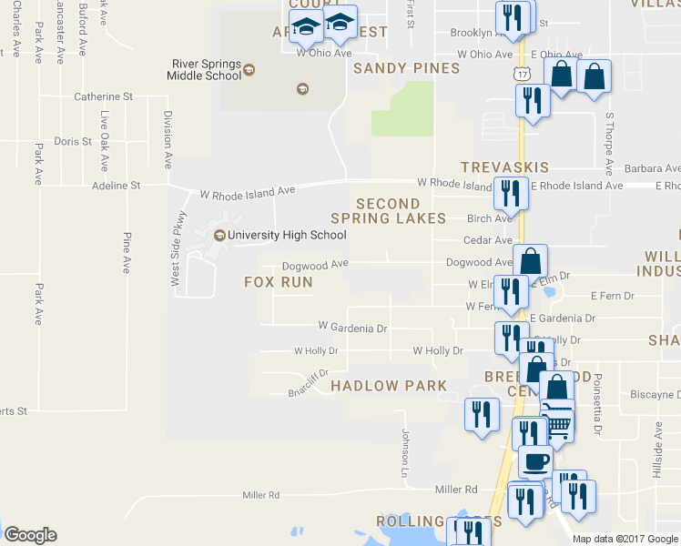 map of restaurants, bars, coffee shops, grocery stores, and more near 400 Dogwood Avenue in Orange City