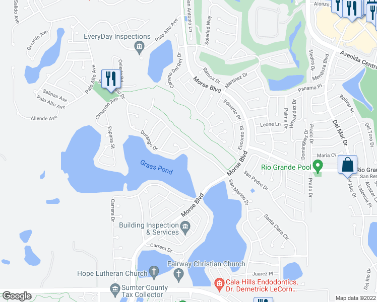 map of restaurants, bars, coffee shops, grocery stores, and more near 1604 Durango Drive in The Villages